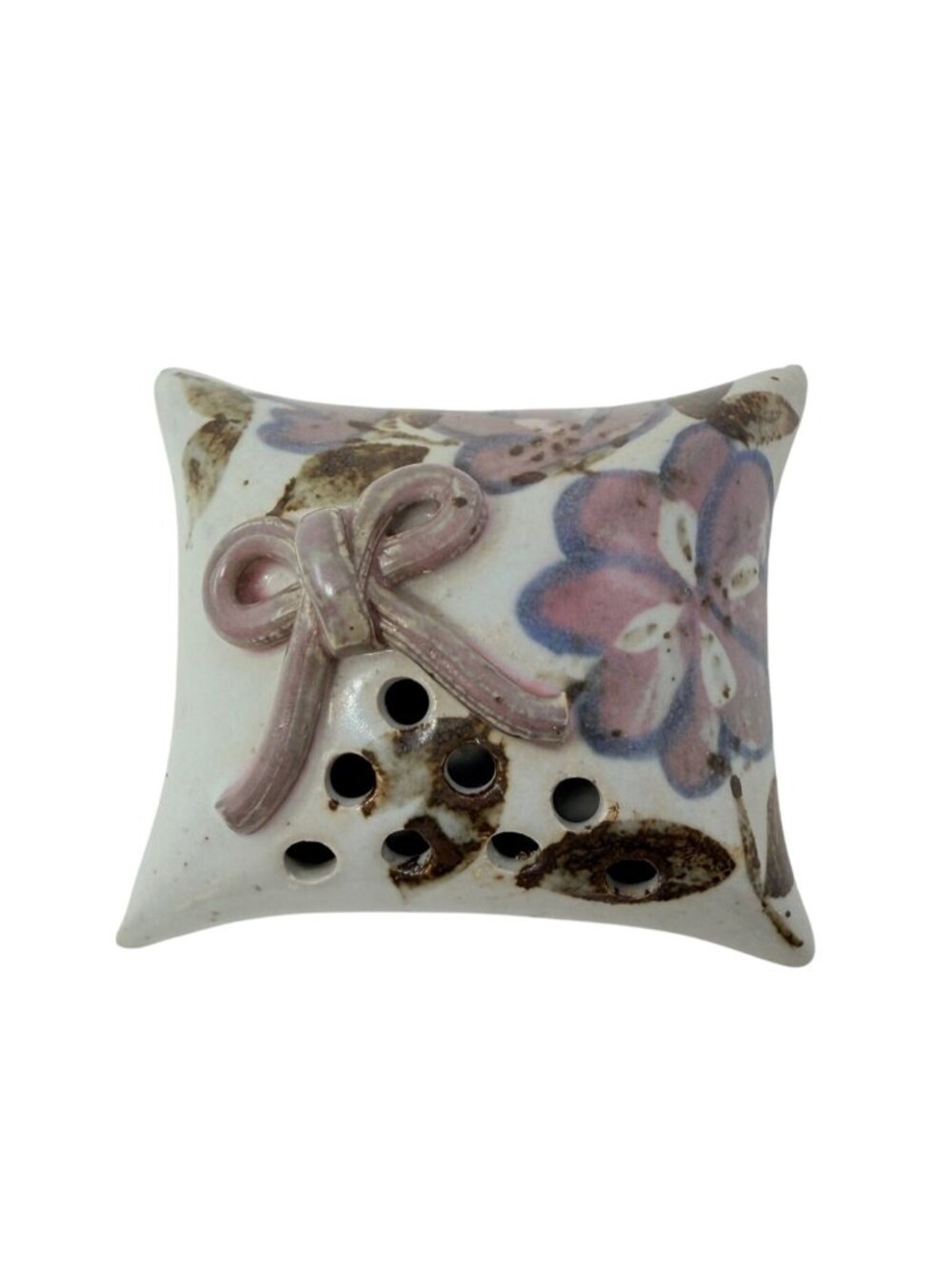 Cindy Angliss Pillow Shaped Clay Floral Frog Infuser Blue White w/ Bow Signed‎